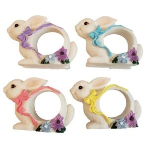 Set of 4 Bunny Napkin Rings Holders Flowers‎ Ribbons Purple Blue Pink Yellow